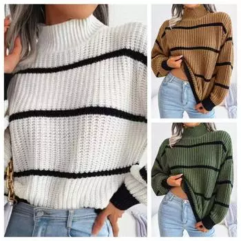 Женский осенне-зимний повседневный полосатый вязаный свитер с рукавами-фонариками, свободные топы S-XL S хаки