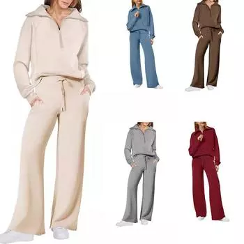 Женский осенне-зимний повседневный спортивный костюм на молнии с длинными рукавами, толстовка с широкими штанами, комплект из двух предметов S