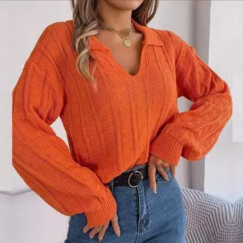 Женский осенне-зимний повседневный свитер-поло в клетку с длинным рукавом и вязаным свитером S оранжевый