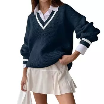 Женский осенне-зимний повседневный свитер с контрастной строчкой и длинными рукавами, тонкий и свободный L