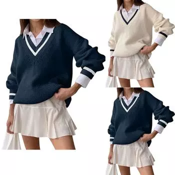 Женский осенне-зимний повседневный свитер с контрастной строчкой и длинными рукавами, тонкий и свободный L