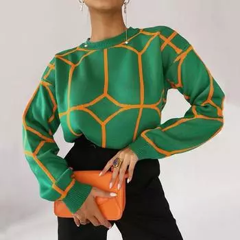 Женский осенне-зимний повседневный свитер с круглым вырезом и длинными рукавами в полоску, пуловер, вязаный топ S зелёный