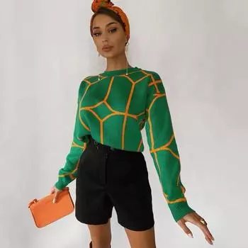 Женский осенне-зимний повседневный свитер с круглым вырезом и длинными рукавами в полоску, пуловер, вязаный топ S зелёный