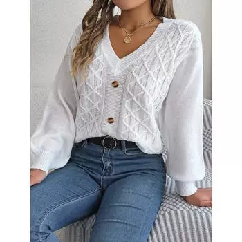 Женский осенне-зимний повседневный свитер с рукавами-фонариками и застежкой на пуговицы S хаки