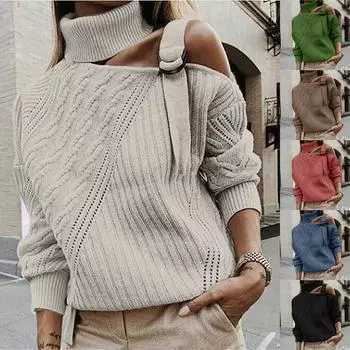 Женский осенне-зимний повседневный свободный однотонный вязаный свитер с длинными рукавами и воротником-стойкой без бретелек с одной стороны M белый