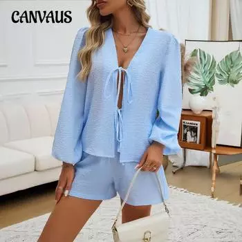 Женский осенне-зимний повседневный свободный полосатый кардиган с длинным рукавом, шорты и брюки комплект S синий