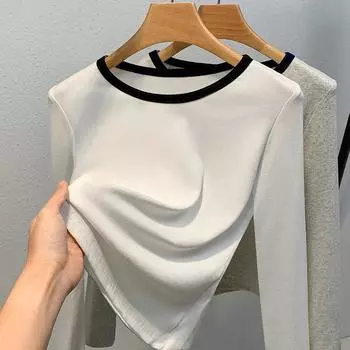 Женский осенне-зимний повседневный топ с круглым вырезом и длинными рукавами S белый