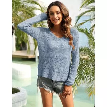 Женский осенне-зимний повседневный внутренний свитер с V-образным вырезом и ажурной вязкой one size белый