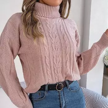 Женский осенне-зимний повседневный вязаный пуловер с высоким воротом и длинными рукавами из жареного теста S розовый