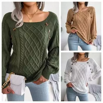 Женский осенне-зимний повседневный вязаный пуловер с квадратным вырезом и пуговицами из жареного теста S армия зеленый