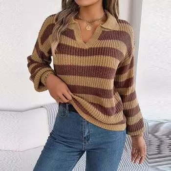 Женский осенне-зимний повседневный вязаный пуловер с воротником-поло и контрастной полосой с длинным рукавом