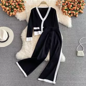 Женский осенне-зимний повседневный вязаный свитер, комплект из двух предметов, кардиган с длинными рукавами, пальто + широкие длинные брюки с высокой талией, трикотаж