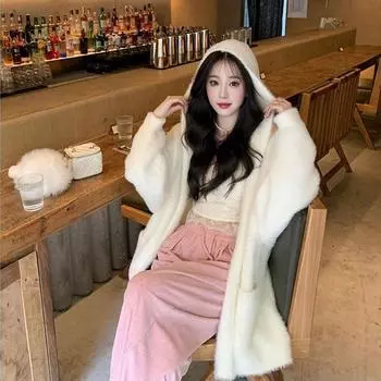 Женский осенне-зимний повседневный вязаный свитер с капюшоном one size fits all розовый