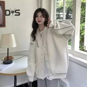 Женский осенне-зимний принтовый вязаный кардиган с V-образным вырезом и длинными рукавами, свитер, свободный крой, однобортное вязаное пальто чёрный