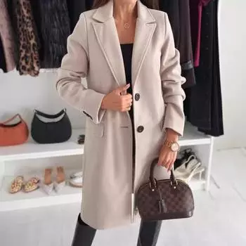 Женский осенне-зимний простой однобортный твидовый пиджак с длинными рукавами и однотонной отделкой S хаки