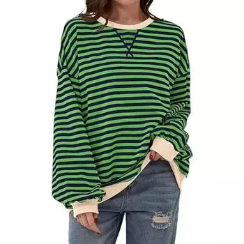 Женский осенне-зимний простой повседневный полосатый круглый вырез с длинным рукавом пуловер цветной блок топ S чёрный