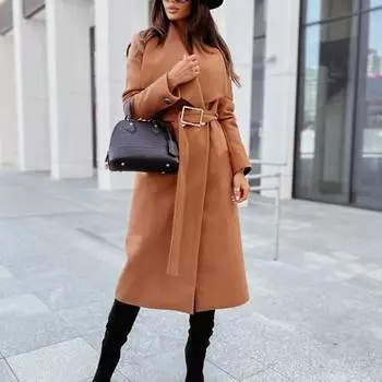 Женский осенне-зимний простой твидовый пиджак с длинным рукавом, пуговицами и V-образным вырезом, завязанный на резинке S хаки