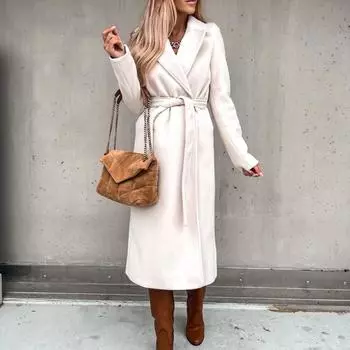 Женский осенне-зимний простой твидовый пиджак с длинным рукавом и V-образным вырезом, завязывающийся сверху S белый