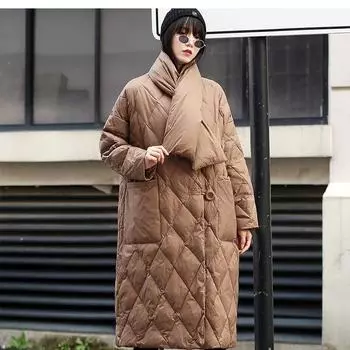 Женский осенне-зимний пуховик большого размера средней длины, утепленное свободное пальто выше колена XL чёрный