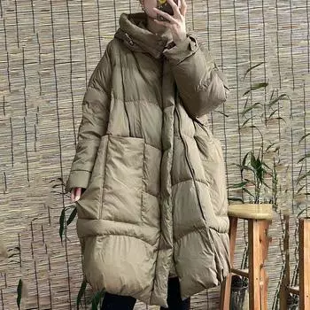 Женский осенне-зимний пуховик с большими лацканами и капюшоном, свободное однотонное пальто большого размера XL