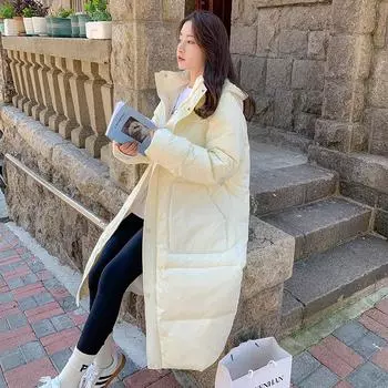 Женский осенне-зимний пуховик средней длины до колена, утепленное свободное пальто с капюшоном и длинными рукавами M слоновая кость