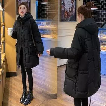 Женский осенне-зимний пуховик средней длины, пальто с капюшоном, однотонная свободная одежда с хлопковой подкладкой M чёрный