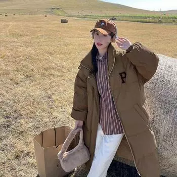 Женский осенне-зимний пуховик средней длины с буквами. Простое и модное свободное облегающее хлопковое пальто большого размера для пары длиной до колена. S чёрный