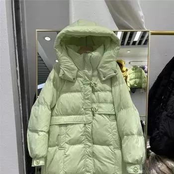 Женский осенне-зимний пуховик средней длины с воротником-стойкой и капюшоном на белом утином пуху M