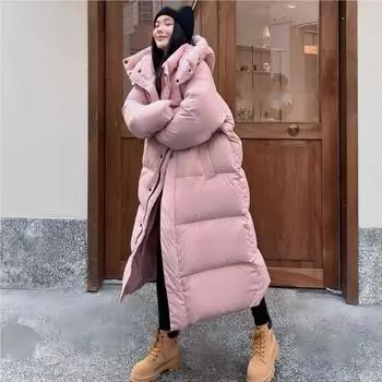 Женский осенне-зимний пуховик средней длины, толстая и свободная куртка с капюшоном XL