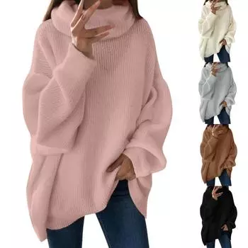 Женский осенне-зимний пуловер, однотонный, с высоким воротником, большой ярдовый вязаный свитер