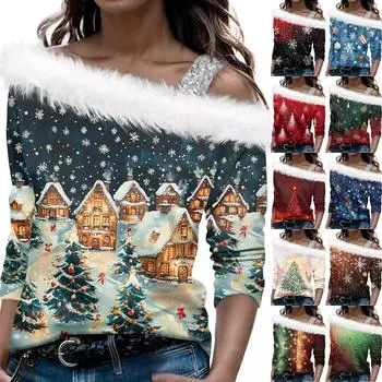 Женский осенне-зимний пуловер с длинными рукавами и одним плечевым ремнем с рождественским принтом L чёрный