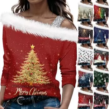 Женский осенне-зимний пуловер с длинными рукавами и одним плечевым ремнем с рождественским принтом L синий