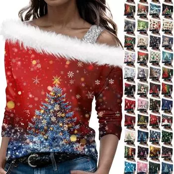 Женский осенне-зимний пуловер с длинными рукавами и одним плечевым ремнем с рождественским принтом L