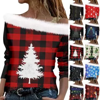 Женский осенне-зимний пуловер с длинными рукавами и одним плечевым ремнем с рождественским принтом S