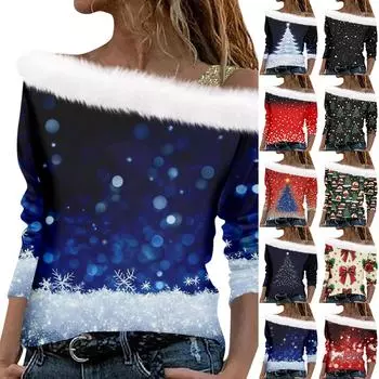 Женский осенне-зимний пуловер с длинными рукавами и одним плечевым ремнем с рождественским принтом L чёрный