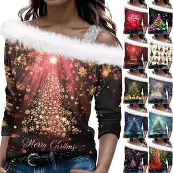 Женский осенне-зимний пуловер с длинными рукавами и одним плечевым ремнем с рождественским принтом S бежевый