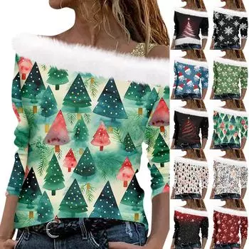 Женский осенне-зимний пуловер с длинными рукавами и одним плечевым ремнем с рождественским принтом L винный