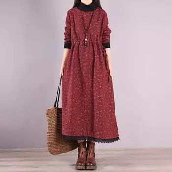 Женский осенне-зимний пуловер с длинными рукавами и высоким вырезом 2023 года, новое модное платье с завязками на талии и цветочным принтом L красный