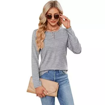 Женский осенне-зимний пуловер с однотонным принтом, круглым вырезом, удобными длинными рукавами и пряжкой S серый