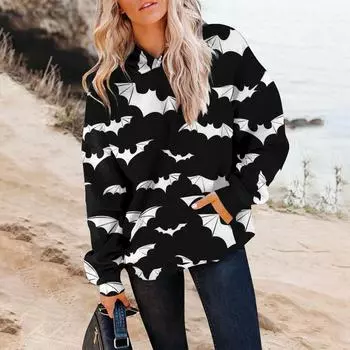 Женский осенне-зимний пуловер с принтом на Хэллоуин, толстовка с капюшоном, модная толстовка с длинными рукавами XXL чёрный
