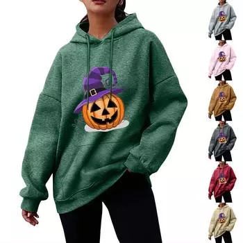 Женский осенне-зимний пуловер с принтом на Хэллоуин, толстовка с капюшоном, флисовая модная толстовка с длинными рукавами M зелёный