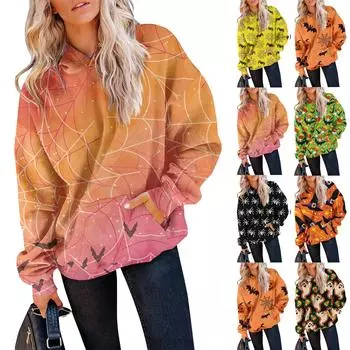 Женский осенне-зимний пуловер с принтом на Хэллоуин, толстовка с капюшоном, модная толстовка с длинными рукавами L имбирный