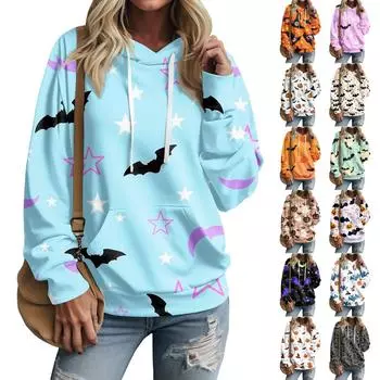 Женский осенне-зимний пуловер с принтом на Хэллоуин, толстовка с капюшоном, модная толстовка с длинными рукавами L белый