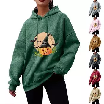 Женский осенне-зимний пуловер с принтом на Хэллоуин, толстовка с капюшоном, флисовая модная толстовка с длинными рукавами M хаки