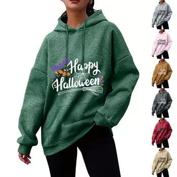 Женский осенне-зимний пуловер с принтом на Хэллоуин, толстовка с капюшоном, флисовая модная толстовка с длинными рукавами XL хаки