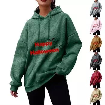 Женский осенне-зимний пуловер с принтом на Хэллоуин, толстовка с капюшоном, флисовая модная толстовка с длинными рукавами S зелёный