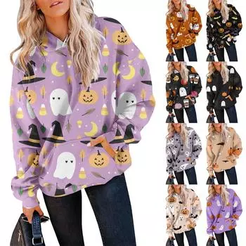 Женский осенне-зимний пуловер с принтом на Хэллоуин, толстовка с капюшоном, модная толстовка с длинными рукавами S верблюд