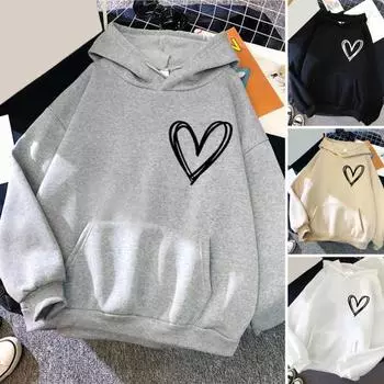 Женский осенне-зимний пуловер с принтом сердца, толстовка с капюшоном и воротником-стойкой, с длинным рукавом, карманом, студенческая толстовка, уличная одежда M чёрный