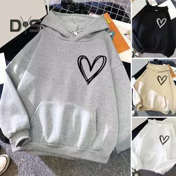 Женский осенне-зимний пуловер с принтом сердца, толстовка с капюшоном и воротником-стойкой, с длинным рукавом, карманом, студенческая толстовка, уличная одежда M чёрный
