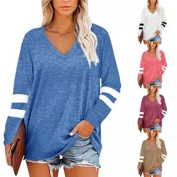 Женский осенне-зимний пуловер с v-образным вырезом и контрастным карманом, с длинными рукавами, свободная повседневная футболка M синий